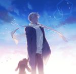  1boy ^_^ blue_sky closed_eyes cloud coat dog eyes_closed grin hands_in_pockets kuroemon lens_flare makkachin male_focus petals scarf silver_hair sky smile sweater turtleneck turtleneck_sweater viktor_nikiforov yuri!!!_on_ice 