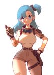  1girl bandaid bandaid_on_face bandaid_on_leg blue_eyes blue_hair breasts bulma dragon_ball dragon_ball_(classic) eyebrows_visible_through_hair eyelashes female gloves goggles goggles_around_neck hand_on_hip high-waist_pants highres liyart long_hair looking_at_viewer medium_breasts pants simple_background slender_waist smile solo thick_thighs thighs tied_hair tight tight_pants white_background wide_hips 