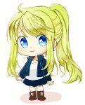  1girl :&gt; arms_at_sides bangs black_jacket black_skirt blonde_hair blue_eyes boots chibi earrings eyebrows_visible_through_hair eyelashes eyes_visible_through_hair full_body fullmetal_alchemist happy jacket jewelry long_hair looking_away ponytail shadow shirt simple_background skirt smile solo tsukuda0310 white_background white_shirt winry_rockbell 