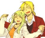  1boy 1girl blonde_hair coat couple dress_shirt edward_elric eyes_closed fingernails fullmetal_alchemist hand_holding happy height_difference hetero igi_(tarqu0ise) jacket long_hair open_mouth orange_shirt red_coat shirt simple_background smile upper_body upper_teeth waistcoat white_background white_jacket winry_rockbell 