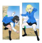  2girls absurdres andou_(girls_und_panzer) bangs bc_freedom_school_uniform black_footwear black_hair black_legwear black_neckwear black_skirt black_vest blonde_hair blue_eyes blue_sky blue_sweater brown_eyes cardigan clenched_hand cliff closed_mouth cloud cloudy_sky dark_skin day dragonball_z dress_shirt fighting_stance frown girls_und_panzer highres hisaki kneehighs loafers long_sleeves looking_at_viewer medium_hair messy_hair miniskirt multiple_girls necktie oshida_(girls_und_panzer) outdoors outside_border pleated_skirt school_uniform shirt shoes skirt sky smile standing sweatdrop sweater sweater_around_neck vest white_shirt wing_collar 