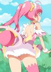  1girl backless_outfit blue_sky choker cloud commentary_request cure_star day earrings eyebrows_visible_through_hair from_behind highres hoshina_hikaru jewelry long_hair magical_girl outdoors pink_choker pink_eyes pink_hair pink_legwear precure single_thighhigh sky solo star_twinkle_precure thighhighs twintails yellow_earrings yuto_(dialique) 