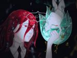  2others androgynous copyright_name crystal_hair dark_background eyes_closed gem_uniform_(houseki_no_kuni) green_hair hair_between_eyes highres houseki_no_kuni long_bangs looking_at_another multiple_others necktie phosphophyllite red_eyes red_hair sad shinsha_(houseki_no_kuni) short_hair ufufuahaha_okg upper_body 