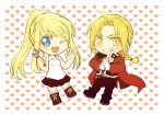  1boy 1girl ;d bangs black_jacket black_pants black_skirt blonde_hair blue_eyes boots braid chibi clenched_teeth coat edward_elric eyebrows_visible_through_hair eyes_visible_through_hair floating_hair full_body fullmetal_alchemist gloves grin hands_clasped heart heart_background holding_wrench jacket ok_sign one_eye_closed open_mouth own_hands_together pants ponytail red_coat shirt simple_background skirt sleeveless sleeveless_shirt smile teeth tsukuda0310 white_background white_gloves white_shirt winry_rockbell wrench 