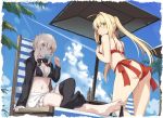  2girls ahoge artoria_pendragon_(all) artoria_pendragon_(swimsuit_archer) ass bangs barefoot beach_umbrella bikini black_bikini_top black_jacket black_legwear black_neckwear black_ribbon blonde_hair blue_sky blush breasts chair cleavage cloud day eating eyebrows_visible_through_hair fate/grand_order fate_(series) feet food foot_hold frilled_bikini_top green_eyes hair_intakes hand_on_own_chest holding holding_food jacket leaning_forward legs_crossed long_sleeves looking_at_viewer looking_back lounge_chair medium_breasts multiple_girls navel neck_ribbon nero_claudius_(fate)_(all) nero_claudius_(swimsuit_caster)_(fate) no_shoes open_clothes open_jacket outdoors popsicle red_bikini red_ribbon ribbon shiseki_hirame short_hair side-tie_bikini sidelocks single_thighhigh sitting skirt sky soles standing stomach swimsuit thighhighs toes twintails umbrella underboob white_skirt yellow_eyes 