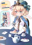  2girls aiguillette azur_lane bangs belt belt_buckle black_gloves black_legwear black_neckwear blonde_hair blue_cape blue_coat blue_eyes blue_headwear blush bow buckle cape chocolate commentary_request crossed_bangs cup double_bun eating epaulettes flying_sweatdrops food fork fruit gloves gold_trim hair_ornament hairclip happy_birthday hardy_(azur_lane) hat hat_bow hat_feather heart highres hunter_(azur_lane) letter light_brown_hair long_hair military military_uniform multiple_girls neckerchief plate raspberry red_eyes red_ribbon ribbon sanagi_(ajtoekaki64166329) shirt short_hair short_shorts shorts sidelocks sitting spoken_blush spoken_heart standing table tea teacup teapot thigh_strap thighhighs tricorne uniform wavy_mouth wax_seal white_gloves white_headwear white_shirt white_shorts wing_collar x_hair_ornament 