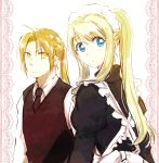  1boy 1girl :o ahoge alternate_costume apron bangs black_dress black_neckwear blonde_hair blue_eyes dress dress_shirt edward_elric enmaided expressionless eyebrows_visible_through_hair fullmetal_alchemist long_hair long_sleeves looking_away looking_back maid maid_apron maid_headdress necktie pillarboxed ponytail puffy_sleeves shirt simple_background tsukuda0310 waistcoat white_background winry_rockbell yellow_eyes 