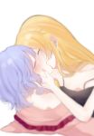  2girls bangs bare_arms bare_shoulders black_camisole blonde_hair blue_hair blurry blurry_background blurry_foreground blush breasts camisole commentary_request depth_of_field eringi_(rmrafrn) eyebrows_visible_through_hair eyes_closed french_kiss hair_between_eyes highres kirisame_marisa kiss multiple_girls off_shoulder pink_shirt profile remilia_scarlet shirt simple_background small_breasts strap_slip touhou white_background yuri 