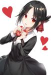  1girl bangs black_dress black_hair blush box box_of_chocolates chocolate chocolate_heart dress eyebrows eyebrows_visible_through_hair folded_ponytail gift gift_box hair_ribbon heart heart-shaped_box highres holding holding_gift kaguya-sama_wa_kokurasetai_~tensai-tachi_no_renai_zunousen~ kurokuro_illust long_sleeves looking_at_viewer open_mouth parted_bangs red_eyes red_ribbon ribbon shinomiya_kaguya sidelocks simple_background solo standing uniform valentine white_background 