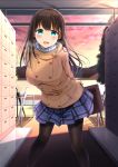  1girl :d absurdres aqua_eyes arms_behind_back bag black_legwear blush bookbag braid coat highres indoors leaning_forward long_hair long_sleeves looking_at_viewer open_mouth original pantyhose pink_sky scarf school shoe_locker smile standing umbrella window winter yukimochi_kinako 