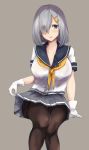  1girl absurdres black_legwear blue_eyes gloves grey_background grey_skirt hair_ornament hair_over_one_eye hairclip hamakaze_(kantai_collection) highres invisible_chair kantai_collection looking_at_viewer neckerchief panties panties_under_pantyhose pantyhose pleated_skirt school_uniform serafuku short_hair short_sleeves silver_hair sitting skirt skirt_lift solo underwear wasavi_8 white_gloves yellow_neckwear 