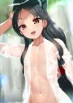  1girl areolae bangs black_hair blush breasts brown_eyes collarbone commentary_request eyebrows_visible_through_hair hair_between_eyes hair_ornament hair_ribbon hair_tie high_ponytail highres kantai_collection kusaka_souji long_hair long_sleeves looking_at_viewer multi-tied_hair naked_shirt navel nisshin_(kantai_collection) open_mouth red_ribbon ribbon see-through shirt small_breasts smile solo thick_eyebrows upper_body very_long_hair water_drop wet white_ribbon 
