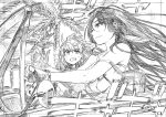  2girls absurdres breasts car casual convertible driving facial_mark fate/grand_order fate_(series) forehead_mark ground_vehicle highres kama_(fate/grand_order) kojima_takeshi large_breasts long_hair monochrome motor_vehicle multiple_girls palm_tree sesshouin_kiara sideboob smile traditional_media tree watch worried wristwatch 