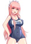  1girl bangs bare_arms bare_shoulders blue_swimsuit blunt_bangs blush breasts cleavage collarbone cowboy_shot erect_nipples fate/grand_order fate_(series) hand_on_hip highres kihou_no_gotoku_dmc large_breasts long_hair looking_at_viewer medb_(fate)_(all) medb_(fate/grand_order) navel orange_eyes pink_hair simple_background skin_fang solo swimsuit translation_request white_background 