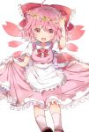  1girl alternate_color alternate_element alternate_eye_color alternate_hair_color apron arm_up blouse bow cherry_blossoms cirno commentary_request dress eyebrows_visible_through_hair fairy_wings flower frilled_dress frills hair_bow head_wreath highres holding_dress looking_at_viewer open_mouth pink_bow pink_dress pink_eyes pink_hair pink_theme potesara puffy_short_sleeves puffy_sleeves red_bow sakura_cirno shirt short_hair short_sleeves smile solo touhou white_blouse white_shirt wings wreath 