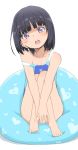  1girl bangs bare_shoulders barefoot black_hair blue_swimsuit blunt_bangs bubukka collarbone eyebrows_visible_through_hair feet highres himenogi_rinze looking_at_viewer love_r off_shoulder one-piece_swimsuit open_mouth purple_eyes short_hair simple_background sitting solo swimsuit teeth white_background 