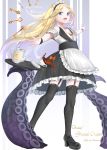 1girl :d abigail_williams_(fate/grand_order) absurdres alternate_costume apron bangs bare_shoulders black_footwear black_legwear black_skirt blonde_hair blush bow breasts cleavage collarbone commentary_request copyright_name cup detached_sleeves enmaided eyebrows_visible_through_hair fate/grand_order fate_(series) forehead frilled_apron frilled_skirt frills full_body garter_straps highres key long_hair looking_at_viewer maid maid_headdress open_mouth orange_bow outstretched_arms parted_bangs shoes short_sleeves skirt small_breasts smile solo spilling spread_fingers standing suction_cups takenoko_27074918 tea teacup teapot tentacle thighhighs tray two-tone_background very_long_hair waist_apron white_apron wrist_cuffs zettai_ryouiki 
