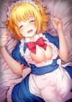  1girl ^_^ absurdres apron bangs bed_sheet blonde_hair blue_dress blush bow bowtie breasts clenched_hand closed_eyes commentary_request cowboy_shot crying dress eyebrows_visible_through_hair eyes_closed facing_viewer hands_up highres large_breasts lying maid maid_headdress mugetsu on_back open_mouth petticoat puffy_short_sleeves puffy_sleeves red_bow red_neckwear sea_scorpion_(umisasori) shirt short_hair short_sleeves sidelocks solo tears touhou touhou_(pc-98) unbuttoned unbuttoned_shirt waist_apron white_apron white_shirt wing_collar 