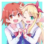  2girls aqua_background arm_around_shoulder blonde_hair bow brown_eyes brown_hair cheek_press collarbone green_eyes hair_bow headband heart heart_hands heart_hands_duo himesaka_noa hoshino_hinata hug long_hair looking_at_viewer maromi_(am97) multiple_girls one_eye_closed open_mouth school_uniform side-by-side simple_background smile watashi_ni_tenshi_ga_maiorita! 