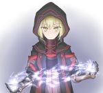  1girl alternate_costume artoria_pendragon_(all) black_gloves black_hoodie blonde_hair blush closed_mouth commentary_request eyebrows_visible_through_hair fate/grand_order fate_(series) gloves green_eyes hair_between_eyes hood hooded_jacket jacket lightning looking_at_viewer mysterious_heroine_x_(alter) solo tagme tatsu_(tanishi_24) 