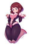  1girl artist_name belt blush_stickers bodysuit boku_no_hero_academia boots breasts brown_eyes brown_hair covered_navel curvy eyebrows_visible_through_hair eyelashes full_body highres impossible_bodysuit impossible_clothes knees_together_feet_apart large_breasts liyart looking_down midair short_hair sidelocks simple_background slender_waist smile solo thick_thighs thighs uraraka_ochako white_background wide_hips 