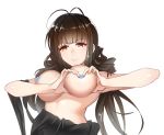  1girl ahoge breasts brown_eyes brown_hair censored clothes_removed commentary commentary_request dsr-50_(girls_frontline) eyebrows eyebrows_visible_through_hair girls_frontline heart-shaped_boob_challenge large_breasts long_hair simple_background smile solo yusan 