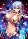  1girl armor bangs bare_shoulders bikini_armor black_legwear blurry blush bokeh breasts choker cleavage commentary_request cowboy_shot depth_of_field detached_sleeves double_exposure dress earrings elbow_gloves eyebrows_visible_through_hair fate/grand_order fate_(series) floating_hair glint gloves gold hair_between_eyes hair_ribbon hand_behind_head highleg highres jewelry kama_(fate/grand_order) large_breasts light_particles long_hair looking_at_viewer nasaniliu navel open_mouth parted_lips purple_dress red_eyes red_ribbon revealing_clothes ribbon silver_hair smile solo sparkle sweat thighhighs very_long_hair 