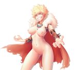  1girl bakugou_katsuki blonde_hair boku_no_hero_academia bottomless breasts cape commentary_request detached_sleeves earrings fangs fur fur_collar genderswap genderswap_(mtf) grin jewelry large_breasts looking_at_viewer navel necklace nipples pussy red_cape red_eyes salmon_(657931354) short_hair shoulder_tattoo simple_background smile solo spiked_hair tattoo teeth torn_clothes white_background 