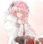  1boy armor astolfo_(fate) black_bow black_ribbon bow braid citron_82 cloak commentary_request eyes_closed fate/apocrypha fate_(series) fur_trim gauntlets gradient gradient_background hair_intakes hair_ribbon hands_on_own_chest highres long_braid male_focus pink_background pink_hair ribbon sad_smile single_braid solo white_background 