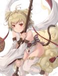  1girl ahoge andira_(granblue_fantasy) animal_ears bangs bare_shoulders blonde_hair blush breasts circlet closed_mouth commentary detached_leggings detached_sleeves earrings erune eyebrows_visible_through_hair fingernails flying_nimbus fur-trimmed_sleeves fur_trim granblue_fantasy hagoromo highres hikari_niji holding holding_staff jewelry leotard long_sleeves monkey_ears monkey_girl monkey_tail red_eyes shawl simple_background small_breasts smile solo staff tail two_side_up white_background white_legwear white_leotard white_sleeves wide_sleeves 