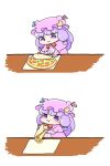  1girl 2koma :3 ajitsuki blue_ribbon blush_stickers bow bowtie capelet chibi comic commentary_request crescent crescent_moon_pin eating food hat hat_ribbon long_hair long_sleeves mob_cap patchouli_knowledge pizza purple_eyes purple_hair red_bow red_neckwear red_ribbon ribbon simple_background sketch solo table touhou white_background 