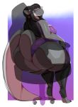  2019 absurd_res anthro big_breasts big_butt black_hair black_skin blush breasts butt chair clothed clothing digital_media_(artwork) dragon ear_piercing ear_ring eyewear female glasses hair hi_res huge_butt legwear long_tail looking_at_viewer looking_back piercing purple_eyes reptile scalie simple_background sitting smile solo stockings sweat thick_thighs thigh_highs trinity-fate62 wide_hips 
