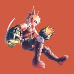  1boy bakugou_katsuki bare_shoulders black_footwear black_legwear black_mask_(clothing) black_shirt blonde_hair boku_no_hero_academia boots commentary_request explosive face_mask fang fire from_side full_body gloves green_gloves grenade hair_ornament highres male_focus mask pants red_background red_eyes red_footwear salmon_(657931354) shirt short_hair simple_background smile spiked_hair 