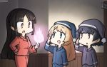  3girls alternate_costume arare_(kantai_collection) black_hair blonde_hair blue_eyes brown_eyes commentary_request cowboy_shot dated fire flame hallway hamu_koutarou hat highres hime_cut hiyou_(kantai_collection) jervis_(kantai_collection) kantai_collection long_hair multiple_girls open_mouth pajamas red_eyes salute short_hair smile 