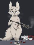 2019 arctic_fox black_background breasts canid canine cheek_tuft disney english_text female fox grey_eyes gun half-closed_eyes hi_res holding_object holding_weapon josun looking_at_viewer mammal match mostly_nude navel nipples outline pussy ranged_weapon shotgun shotgun_shell simple_background skye_(zootopia) solo standing tactical text tuft weapon white_outline zootopia 