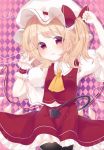  1girl argyle argyle_background arm_up ascot bangs black_legwear blonde_hair blush bow collared_shirt commentary_request crystal eringi_(rmrafrn) eyebrows_visible_through_hair flandre_scarlet hand_up hat hat_bow head_tilt heart highres laevatein long_hair looking_at_viewer mob_cap one_side_up parted_lips puffy_short_sleeves puffy_sleeves red_bow red_eyes red_skirt red_vest shirt short_sleeves skirt skirt_set solo sparkle thighhighs touhou vest white_headwear white_shirt wings wrist_cuffs yellow_neckwear 