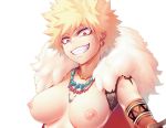  1girl bakugou_katsuki blonde_hair boku_no_hero_academia breasts cape commentary_request earrings face fangs fur_collar fur_trim genderswap genderswap_(mtf) grin jewelry large_breasts looking_at_viewer necklace nipples no_bra red_eyes salmon_(657931354) shoulder_tattoo simple_background smile tattoo v-shaped_eyebrows white_background 
