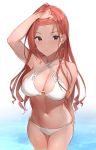  1girl arisugawa_natsuha bangs bikini black_eyes blush breasts brown_hair cleavage collarbone eyebrows_visible_through_hair highres idolmaster idolmaster_shiny_colors jewelry large_breasts long_hair looking_at_viewer navel nnoelllll o-ring o-ring_bikini o-ring_bottom o-ring_top open_mouth red_hair solo swimsuit white_bikini 