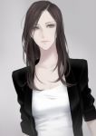  1girl black_jacket breasts brown_hair erise expressionless eyeshadow grey_background grey_eyes highres jacket long_hair looking_at_viewer makeup original shirt simple_background sleeves_pushed_up small_breasts solo upper_body white_shirt 