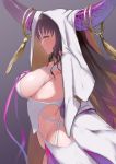 1girl bare_shoulders black_hair breasts butsu_menhou facial_mark fate/extra fate/extra_ccc fate_(series) forehead_mark horns large_breasts long_hair looking_at_viewer looking_to_the_side parted_lips profile revealing_clothes sesshouin_kiara sideboob simple_background smile solo veil wavy_hair yellow_eyes 
