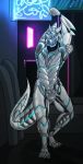  2019 4_toes 5_fingers anthro blue_body blue_eyes claws cybernetic_arm cybernetic_leg cybernetic_tail darknesshaven front_view hand_behind_head hi_res horn lizard looking_at_viewer male mizutatsu_tsunami multi_eye neon_lights neon_sign plate_armor raised_arm reptile scalie solo standing toes 