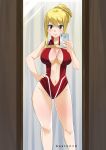  10s 1girl absurdres bangs bare_arms blonde_hair boku_no_hero_academia breasts brown_eyes cellphone center_opening cleavage closed_mouth collarbone collarbones cosplay eyebrows eyebrows_visible_through_hair eyelashes fairy_tail female gaston18 happy highres large_breasts leotard long_hair looking_at_viewer lucy_heartfilia mirror navel no_bra phone self_shot shiny shiny_skin smartphone smile solo standing thigh_gap very_long_hair yaoyorozu_momo yaoyorozu_momo_(cosplay) 