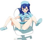  1girl blue_eyes blue_hair blue_panties blush chair clipboard hair_bun hat hugtto!_precure long_hair matching_hair/eyes nurse nurse_cap on_chair ontaros open_mouth panties partially_visible_vulva precure shoes simple_background sitting sitting_on_chair solo spread_legs underwear white_background yakushiji_saaya 