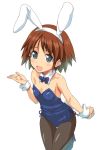  1girl :d alternate_costume animal_ears bangs black_legwear blue_eyes blue_footwear blue_leotard blue_neckwear bow bowtie breasts brown_hair bunny_ears bunny_tail bunnysuit collar commentary_request cowboy_shot detached_collar eyebrows_visible_through_hair fake_animal_ears fake_tail gesture girls_und_panzer hagiya_masakage high_heels leaning_forward leg_up leotard light_blush looking_at_viewer open_mouth pantyhose sakaguchi_karina short_hair side-tie_leotard simple_background small_breasts smile solo standing standing_on_one_leg strapless strapless_leotard tail thigh_gap thighs white_background white_collar wing_collar wrist_cuffs 