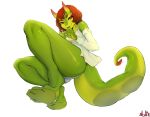  anthro big_butt butt clothed clothing crouching female glass_floor green_scales hair horn looking_at_viewer low-angle_view red_eyes red_hair reptile scales scalie slit_pupils smile snake solo stesha_di 