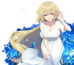  1girl absurdres bangs blonde_hair blue_flower breasts citron_82 commentary_request dress fate/apocrypha fate_(series) flower hair_between_eyes half-closed_eyes hand_in_hair hand_on_own_knee hand_on_own_leg headgear_removed highres jeanne_d&#039;arc_(fate) jeanne_d&#039;arc_(fate)_(all) long_hair medium_breasts petals purple_eyes smile solo very_long_hair white_background white_dress 