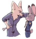  anthro arctic_fox canid canine cheek_tuft clipboard clothed clothing coveralls crossgender dipstick_ears disney duo eye_contact fox fuel_(artist) half-closed_eyes holding_object judy_hopps lagomorph looking_at_another low_res male mammal neck_tuft necktie police_uniform rabbit side_view simple_background skye_(zootopia) smile standing sweat sweatdrop tools tuft uniform white_background wrench zootopia 