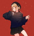  1girl air_bubble apple_earrings baggy_clothes bangs beret black_skirt black_sweater blonde_hair blunt_bangs blush boku_no_hero_academia bubble cowboy_shot dangle_earrings double_bun earrings eyelashes food_themed_earrings gim_(gim-gim-3919) grin hand_on_own_chest hat jewelry looking_at_viewer messy_hair nail_polish piercing pleated_skirt red_background red_nails sidelocks skirt sleeves_past_wrists smile solo sweater toga_himiko tsurime twitter_username yellow_eyes 