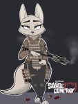  2019 arctic_fox black_background bulletproof_vest canid canine cheek_tuft clothed clothing disney english_text female fox grey_eyes gun half-closed_eyes hi_res holding_object holding_weapon josun looking_at_viewer mammal match outline ranged_weapon shotgun shotgun_shell simple_background skye_(zootopia) solo standing tactical text tuft weapon white_outline zootopia 