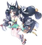  1girl :o animal_ear_fluff animal_ears antenna_hair azur_lane bare_shoulders black_hair blush bow cannon closed_mouth collarbone detached_sleeves dress eyes_closed fox_ears full_body green_bow green_dress green_sleeves grey_background hair_bow holding holding_wrench kaede_(003591163) long_hair long_sleeves looking_at_viewer machinery nose_blush official_art parted_lips red_eyes remodel_(azur_lane) rudder_footwear short_dress sleeveless sleeveless_dress sleeves_past_wrists smile thighhighs transparent_background turret twintails very_long_hair white_legwear wide_sleeves wrench yellow_bow yuubari_(azur_lane) zouri 